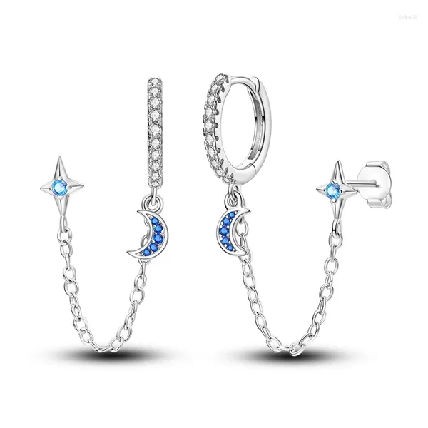 Brincos de argola na moda 925 prata esterlina azul estrelado lua borlas dupla camada para acessórios de jóias de namoro feminino
