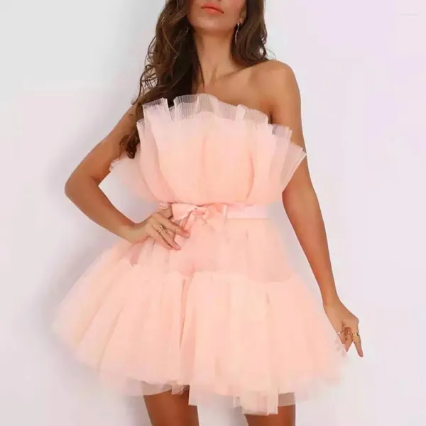 Abiti casual Moda Abito da ballo Tutu-Gonna Fiocco con spalle scoperte Filato netto Fascia Party Abito da ballo senza maniche sexy Mini Vestido D