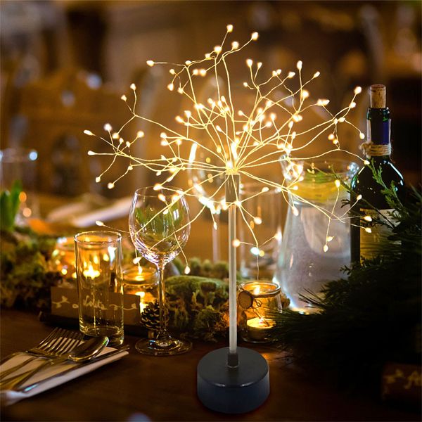 Candeeiro de mesa Fireworks Firefly, luz de fada piscante de fio de cobre, luz noturna de mesa, luz de árvore de flor, 120LED, alimentado por bateria/USB, controle remoto, casamento, decoração de casa