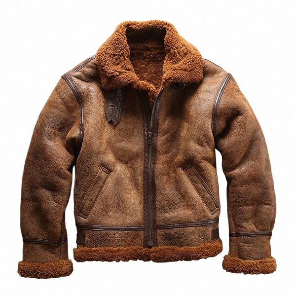 Europäische Hohe Qualität Super Warm Echte Schafe Lederjacke Herren Große Größe B3 Shearling Bomber Militär Pilot Pelzmantel v6OF #