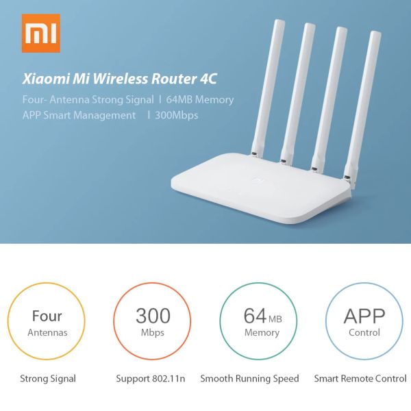 Roteadores originais xiaomi mi wifi roteador 4c roteador app controle 64 ram 802.11 b/g/n 2.4g 300mbps 4 antenas roteadores repetidor sem fio