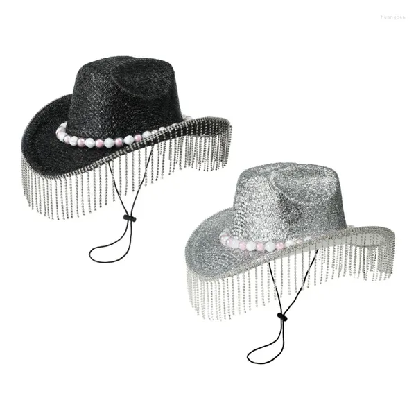 Berretti Cappelli da cowboy con diamanti Nappe Cappello glitterato Strass incrostati Perline a mano