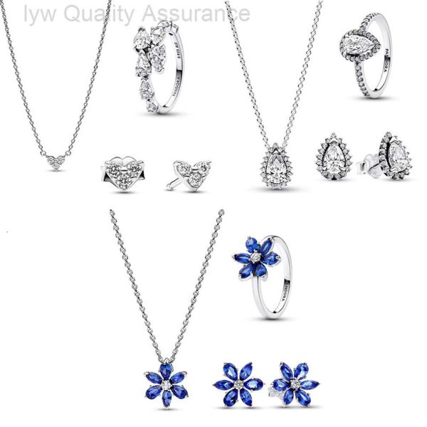 Designer Pandoras Ohrringe Pan Family S925 Silberschmuck Set Trio Blue Birnenblockfarbe Halskette Ohrring