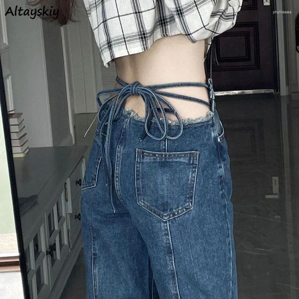 Jeans da donna con lacci a vita alta per donna Vintage elegante dolce ragazza chic streetwear pantaloni a gamba larga europeo americano sexy