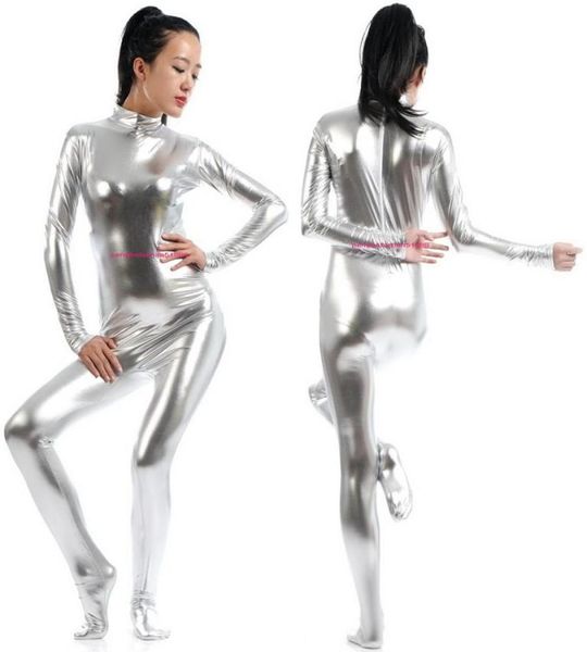 Sexy Frauen Body Suit Kostüme Silber glänzend Lycra Metallic Women039s Catsuit Kostüm ohne Kopf Hand Halloween Party Kostüm Co2341893