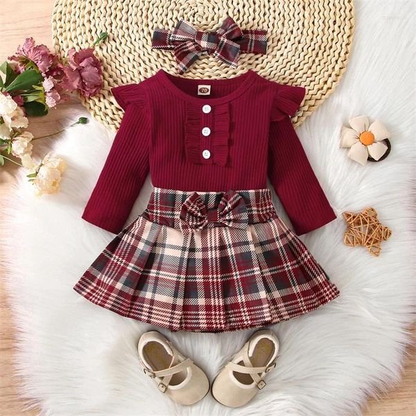 Комплекты одежды из 3 предметов. Осенний комплект одежды для маленьких девочек. Комбинезон в рубчик на пуговицах с длинными рукавами. Пледовая плиссированная юбка. Повязка на голову. Костюм для малышей.