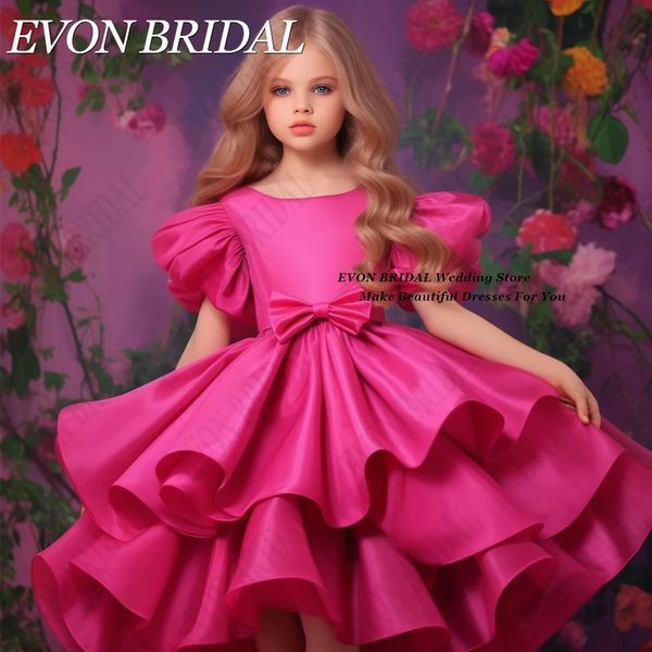 Evon nupcial rosa menina vestidos com arco cetim na altura do joelho princesa crianças aniversário festa de casamento mangas curtas inchado vestido de baile 240312