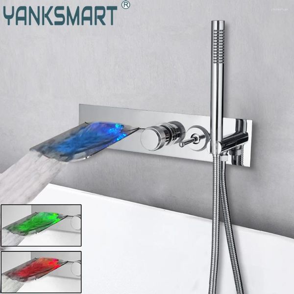 Badezimmer-Waschtischarmaturen, YANKSMART LED-Verbindungsrohr, 5-teiliger Wasserhahn, Wandmontage, Badewanne, Wasserfallauslauf, Regendusche, Handmischer, Wasserhahn