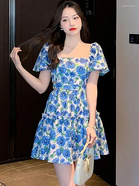 Abiti da festa Donna Blu floreale in chiffon con maniche a sbuffo Colletto quadrato Mini abito estivo Elegante casual da spiaggia 2024 Notte della moda coreana