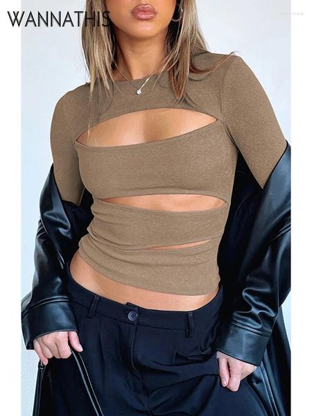 Mulheres camisetas oco out split cropped top mulheres y2k moda o pescoço sexy criss cross mulher magro casual outono 2024 camisa chique