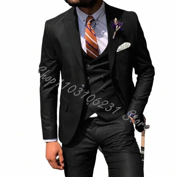 Schwarze Herrenanzüge Blazer Hochzeit Smoking Spitze Revers Jacke Weste Hosen 3 Stück Slim Fit Anzüge Männer Bräutigam Tuexdos Kostüm Homme 01PR#