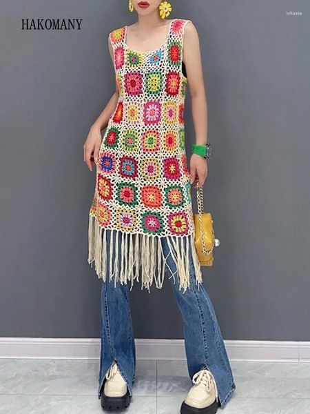 Lässige Kleider Frauen Quastensaum ärmelloses knielanges Urlaubs-Tank-Robe BOHO handgemachtes Häkel-Kontrastfarben-Plaid-Sling-Kleid