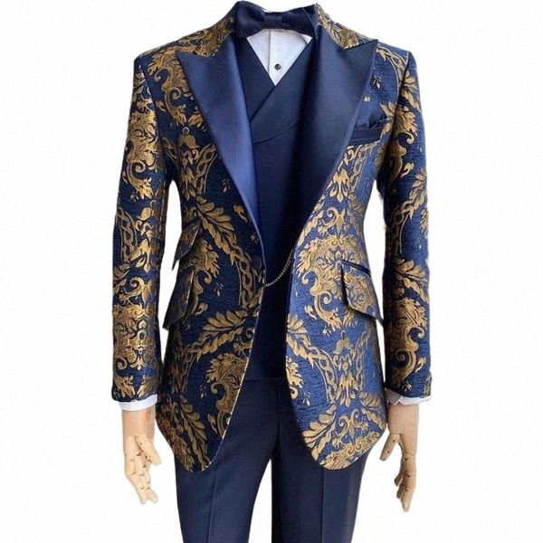 Blumenanzüge für Männer Hochzeit Slim Fit Marineblau und Gold Jacquard Gentleman Smoking Jacke mit Weste Hose 3 Stück auf Lager G0t9 #