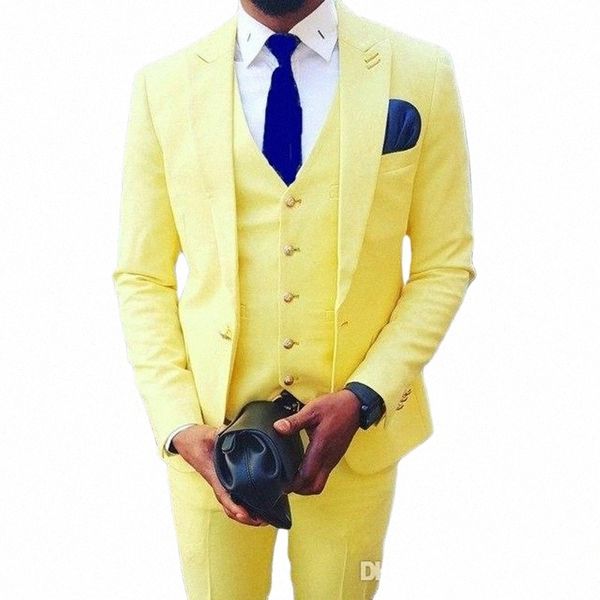 Sarı damat smokin zirve yaka bakıcı erkekler düğün dr mükemmel adam ceket blazer 3 adet takım elbise ceket+pantolon+yelek+kravat r2od#