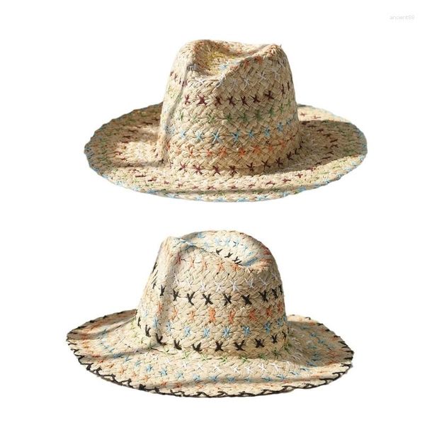 Chapéus de aba larga chapéu de palha casual francês crochê borda artesanal elegante 28TF