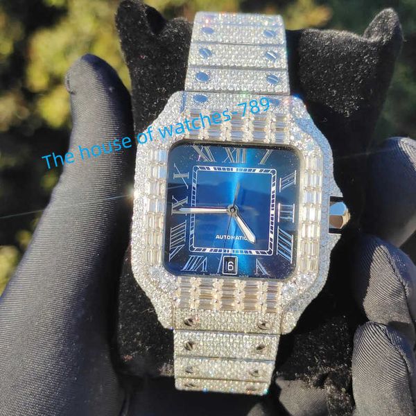 Iced Out Jewelry Aço Inoxidável Bustdown Diamond Blue Face VVS Moissanite Watch