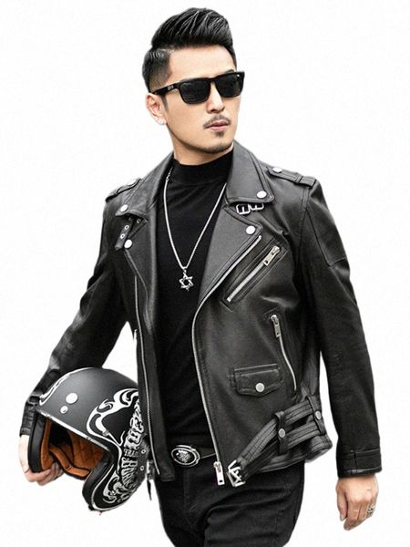 Primavera Autunno Breve Cool Black Leather Biker Jacket Uomo Zipper Lg Sleeve Belt Plus Size Europeo Fi 4XL 5XL H7nU #