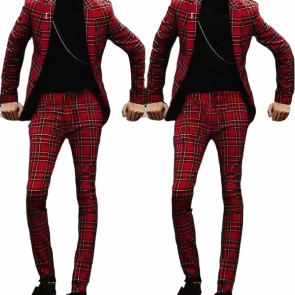 fi ternos masculinos vermelho blazer xadrez formal ocn terno fino ajuste elegante conjunto completo 2 peça jaqueta calças weddign traje homme j9ei #