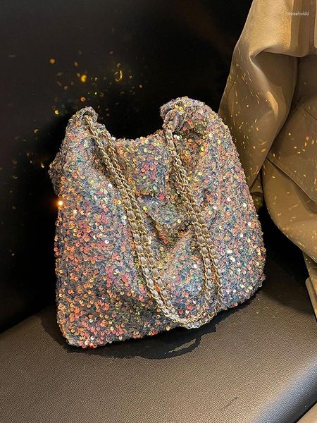 Borse a secchiello con paillettes con coulisse e borsa tote sotto le ascelle per le donne 2024 moda spalla a catena lucida festa di ballo femminile