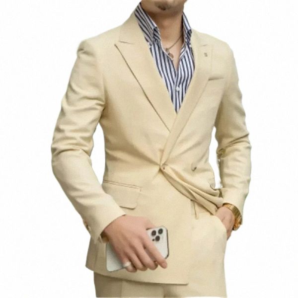 Şampanya Erkek Takım Damat Dr Takımlar İnce Fit Klasik Stil Kostümü Homme Düğün Lüks Erkekler Resmi Giyim Blazer+Pantolon N78B#