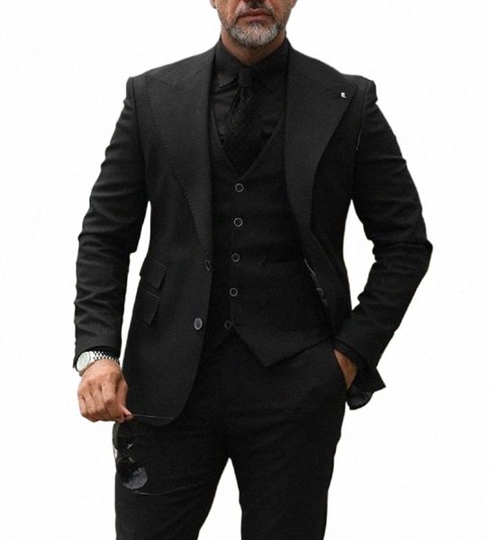 Klassische schwarze Anzüge für Männer Wide Revers formale Blazer Smart Bussin Hose 3 Stück Hochzeit Dr Kostüm Homme männliche Kleidung D6yI #