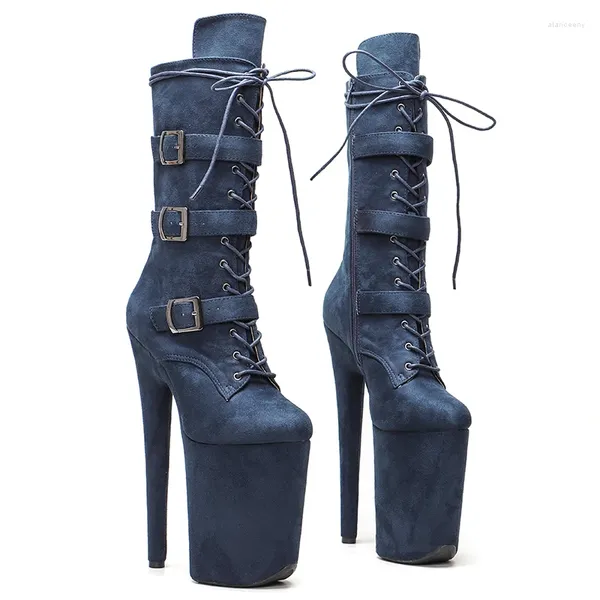 Stivali Leecabe 23CM/9 pollici Scarpe da discoteca in pelle scamosciata blu scuro con tacco a spillo Cerniera laterale Tacchi alti Scarpe da festa da donna 4B