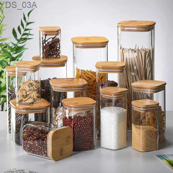 Garrafas de armazenamento frascos quadrados selados garrafas de vidro frascos novos grãos de café chá transparente caixas de armazenamento doces e lanche latas com tampa de bambu 240327