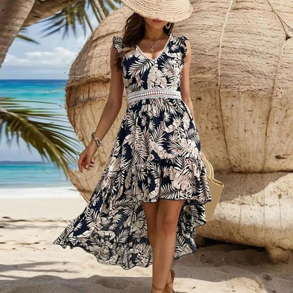 Abiti casual Abito per le vacanze estive Abbigliamento da spiaggia stampato Elegante stampa a foglie Boho con scollo a V Vita scavata per le donne Spiaggia