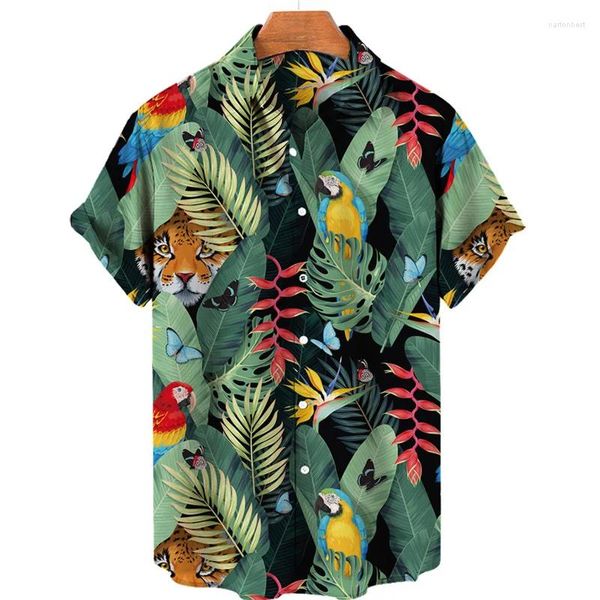 Lässige Hemden für Herren, tropischer Dschungel, Flamingo, 3D-Druck, Hawaii-Hemd für Männer, Sommer, Straße, kurze Ärmel, Tops, Harajuku, Revers, Knopf, locker