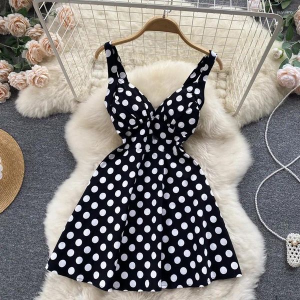 Abiti casual Abito con cinturino sottile a pois bianco nero Ragazza coreana da donna Moda dolce scollo a V senza maniche senza maniche A-Line