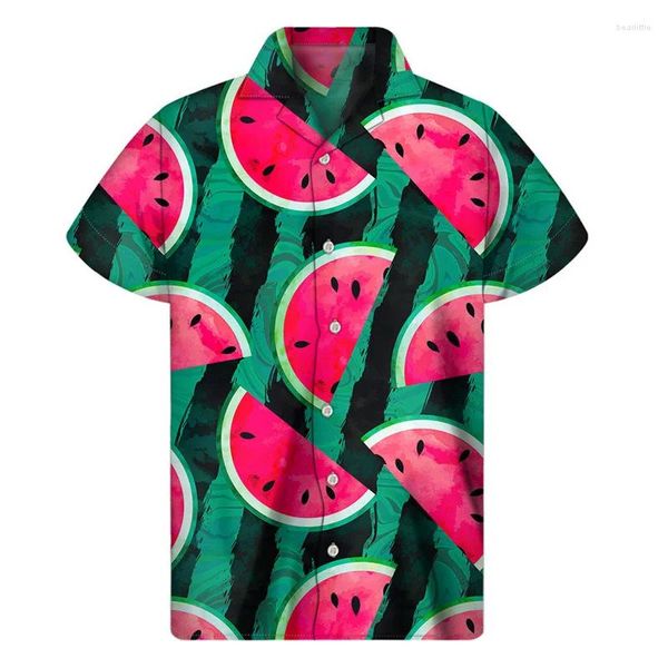 Camicie casual da uomo Anguria colorata Grafica Camicia hawaiana Top estivi Maniche corte Stampa 3d Pulsante Frutta Abbigliamento uomo Camicetta con risvolto