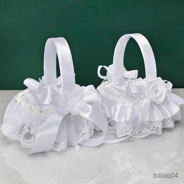 Cestini portaoggetti Cesto per ragazze di fiori bianchi Cesto nuziale in pizzo per fiori Sposa/bambini Tenuto in mano Cerimonia di nozze Addio al nubilato Decorazione fai da te