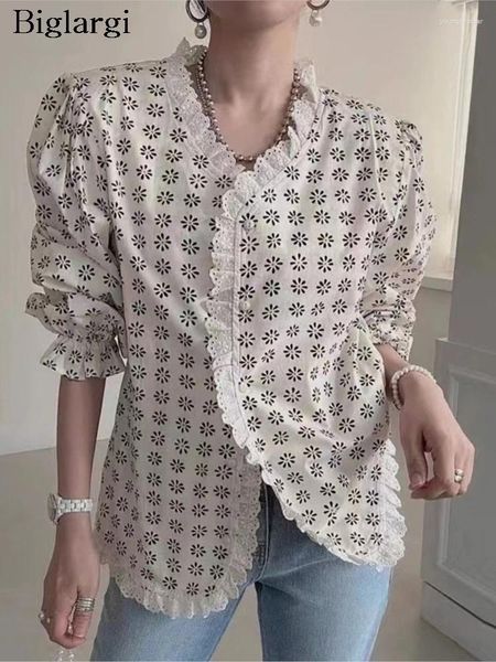 Frauen Blusen Frühling Shirts Tops Frauen Blume Drucken Mode Spitze Patchwork V-ausschnitt Damen Koreanischen Stil Lose Frau