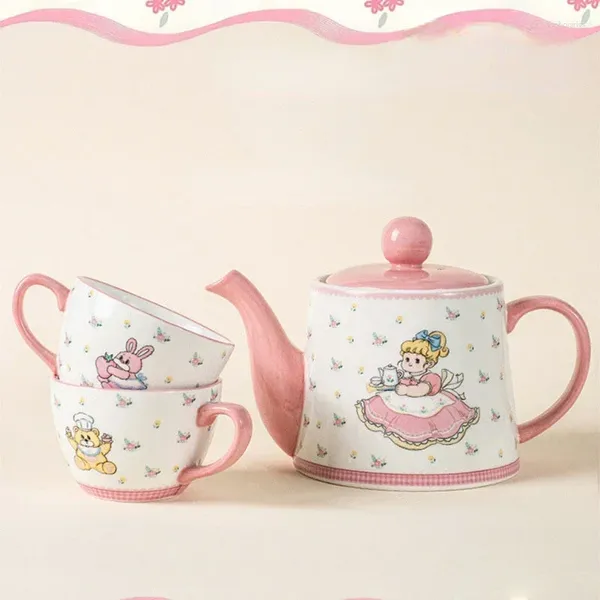 Чашки, блюдца, чайник с героями мультфильмов для девочек, набор кофейных чашек, розовая керамика, 2 горшка и горшок для друга, подарок на день рождения, премиальная живопись, ремесленный чай