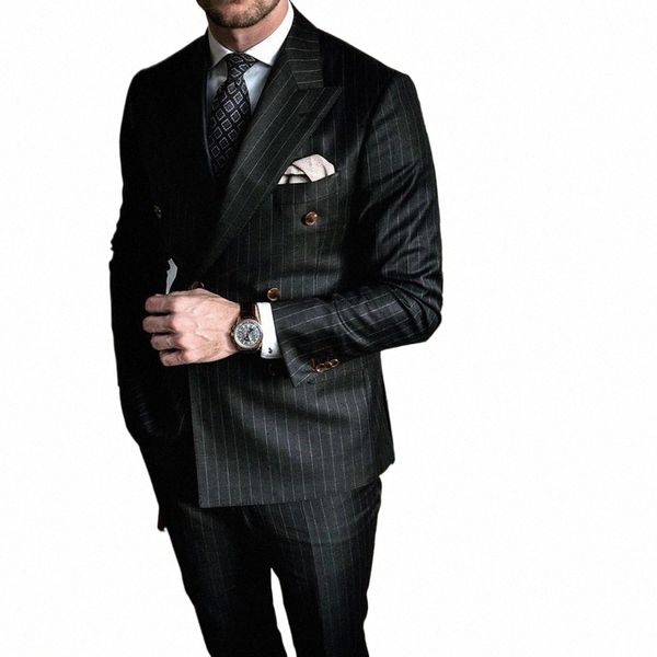 новый стиль черная полоса мужские костюмы двубортный пиджак последние конструкции пальто брюки Slim Fit 2 шт. смокинги на заказ жених B11K #