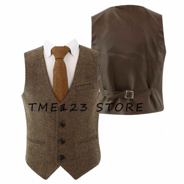 Herren Herringbe Weste V-Ausschnitt Einreiher Busin Fi Party Weste Manschettenknöpfe Lederwesten für Männer Anzug Hochzeit Steampunk q37K #