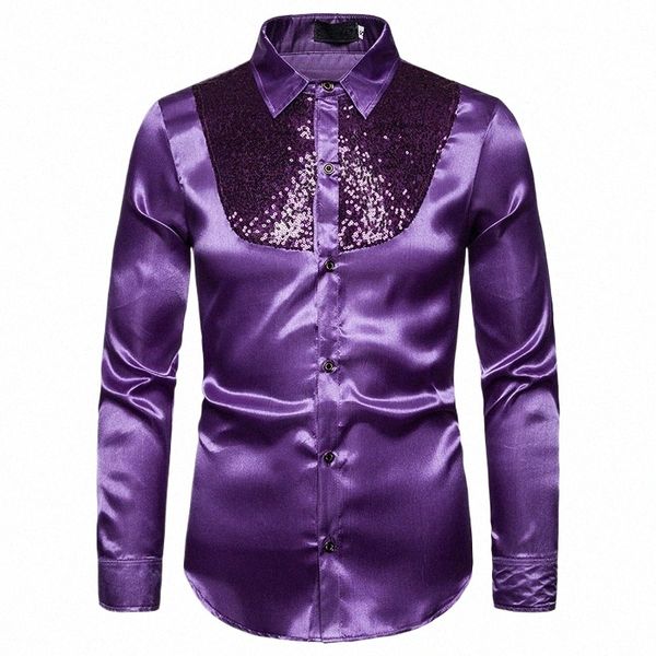 Herren 70er Jahre Disco Kostüm Hemd Lila Pailletten Lg Sleeve Butt Down Dr Shirts Männer Party Bühne Sänger Prom Chemise Homme XXL v3FK #