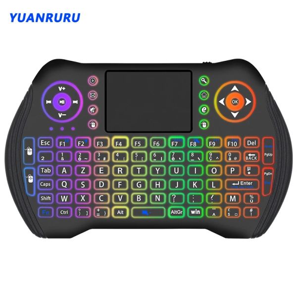 Teclados Teclado Sem Fio Cor 2.4GHz Mini Teclado Sem Fio Retroiluminado Francês Air Mouse Touchpad Handheld TV Box Mini PC18