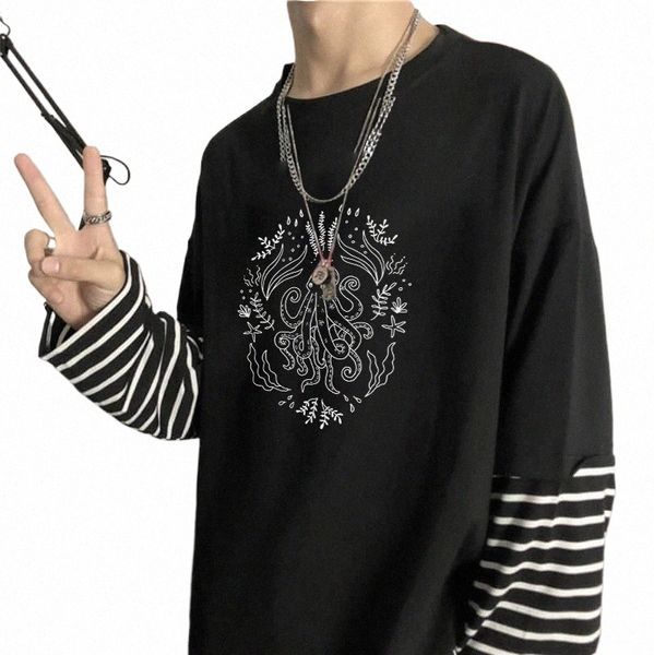 Japonês Gótico Polvo Manga Gráfico Streetwear Camisetas Homens Mulheres LG Manga Estética Tops Listrado Solto Verão Camisetas y4Rj #