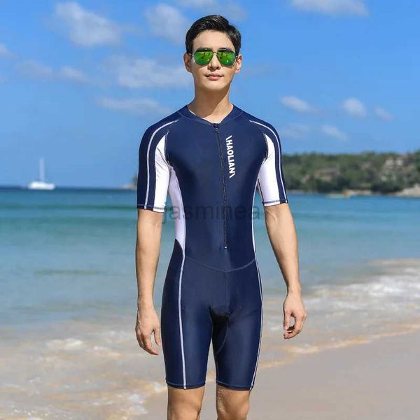 Costumi da bagno da uomo Taglie forti Manica corta Rash Guard Uomo Cerniera frontale Muta Nuoto Snorkeling Costume da bagno Surf Immersione gratuita Costumi da bagno 24327