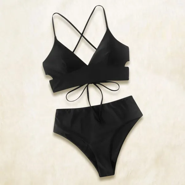 Conjunto de roupa de banho feminina cor sólida sexy cintura alta biquinis rendas até maiôs separados praia festa cintura biquíni