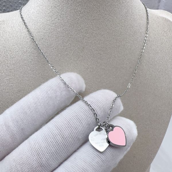 Originale designer di marca donna ragazza rosa verde doppio cuore collana girocollo elegante donna ragazza Amore argento 18 carati logo inciso pendente gioielli di natale 45 cm + 5 cm