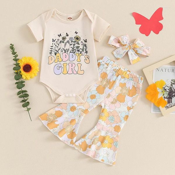 Giyim setleri güzel yaz doğan kız bebek çiçek mektubu baskı kısa kol o boyun bodysuits parlama pantolonları kafa bandı kıyafetleri