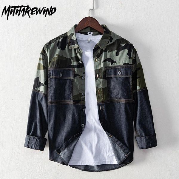 Camisas casuais masculinas estilo ao ar livre denim para homens diário algodão conforto camisa de manga longa camuflagem emendada moda jean tops