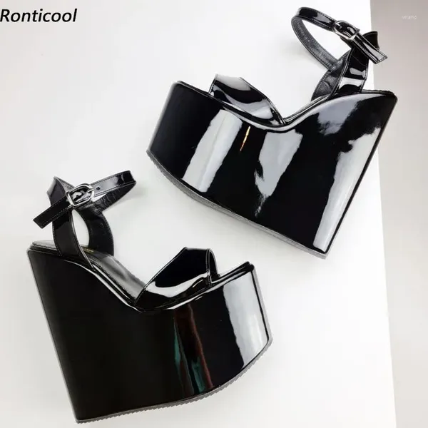 Sandálias Ronticool Mulheres Verão Plataforma Cunhas Salto Alto Redondo Toe Elegante Preto Partido Sapatos Senhoras Plus Size 4-15