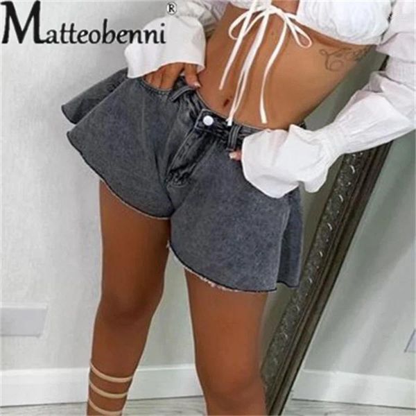 Frauen Shorts Hohe Taille Taste Spleißen Einfarbig Sommer Sexy Micro Ausgestelltes Drei Viertel Hosen Weibliche Casual Pendler Jeans