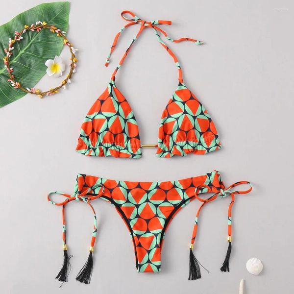 Mulheres Swimwear Bonito Impressão Biquínis Para Menina Moda Sexy Push Up Bra Split Bow Nó Lace Maiôs 2024 Duas Peças