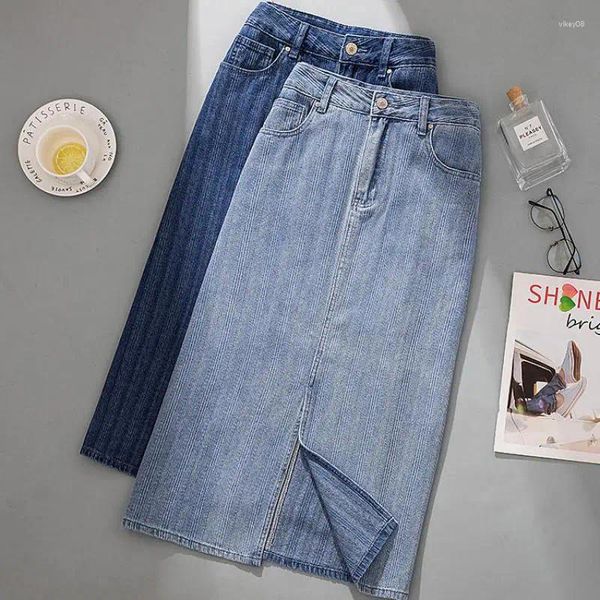 Saias Denim Saia Mulheres Cintura Alta Longa A-Linha Escritório Senhora Retro Plus Size Streetwear Lápis Azul para Mulheres