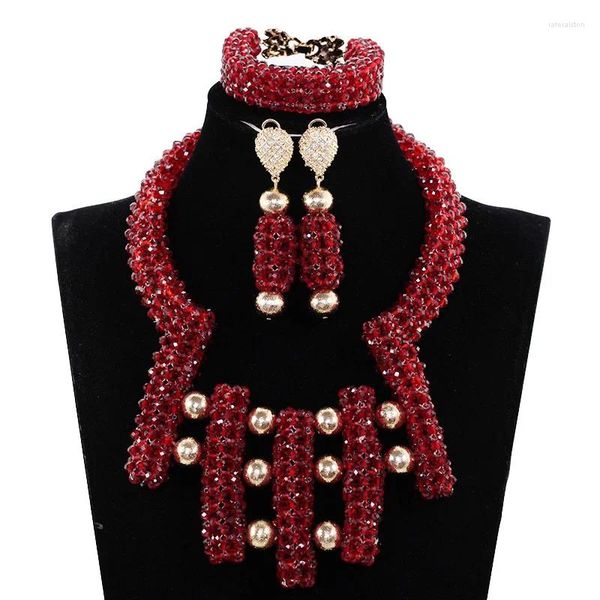 Collana orecchini set trendy africano grosso fantastico vino bordeaux bavaglino perline da sposa dichiarazione di cristallo per le donne ABH572