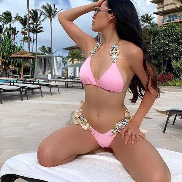 2021 atacado sexy luxo rosa strass diamante corrente maiô de duas peças push up bikini feminino banho